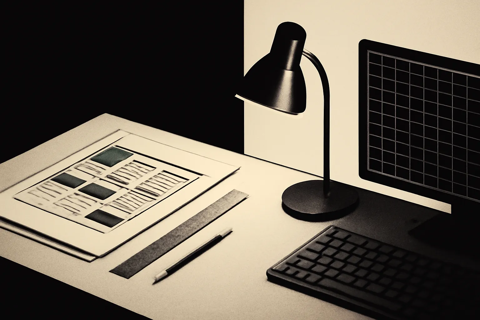 Duotone photograph of two adjoining desk surfaces — paper design tools on one side, a keyboard and monitor on the other — standing in for the studio's two founders.