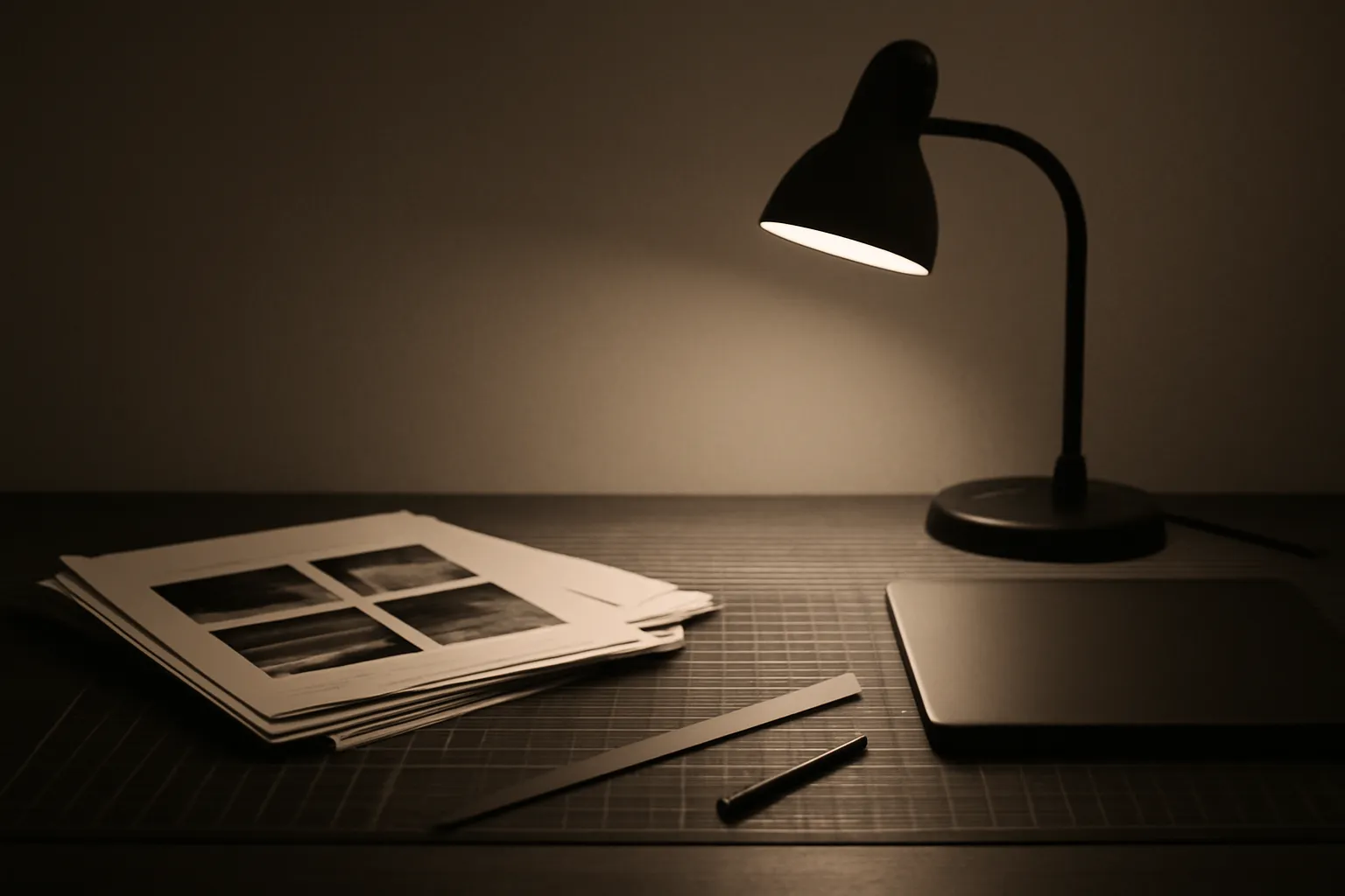 Duotone photograph of a working design-studio desk with print proofs, a ruler, and a single desk lamp.