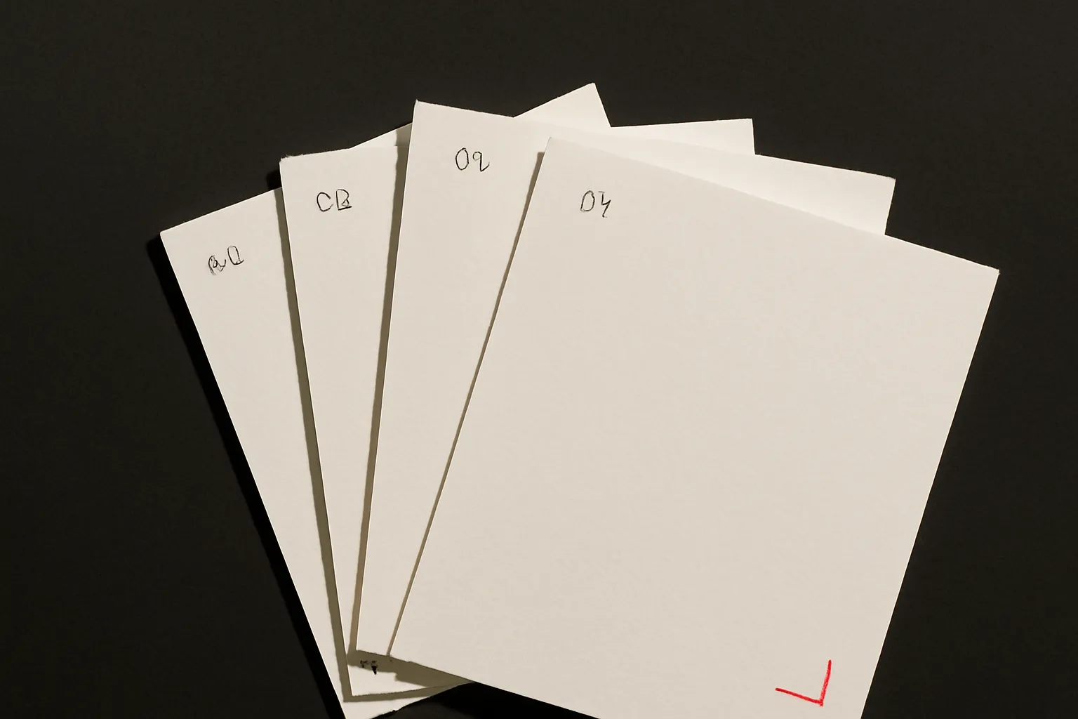Five numbered print-proof sheets fanned in ascending sequence on a dark worktable, illustrating the studio's five-step process.
