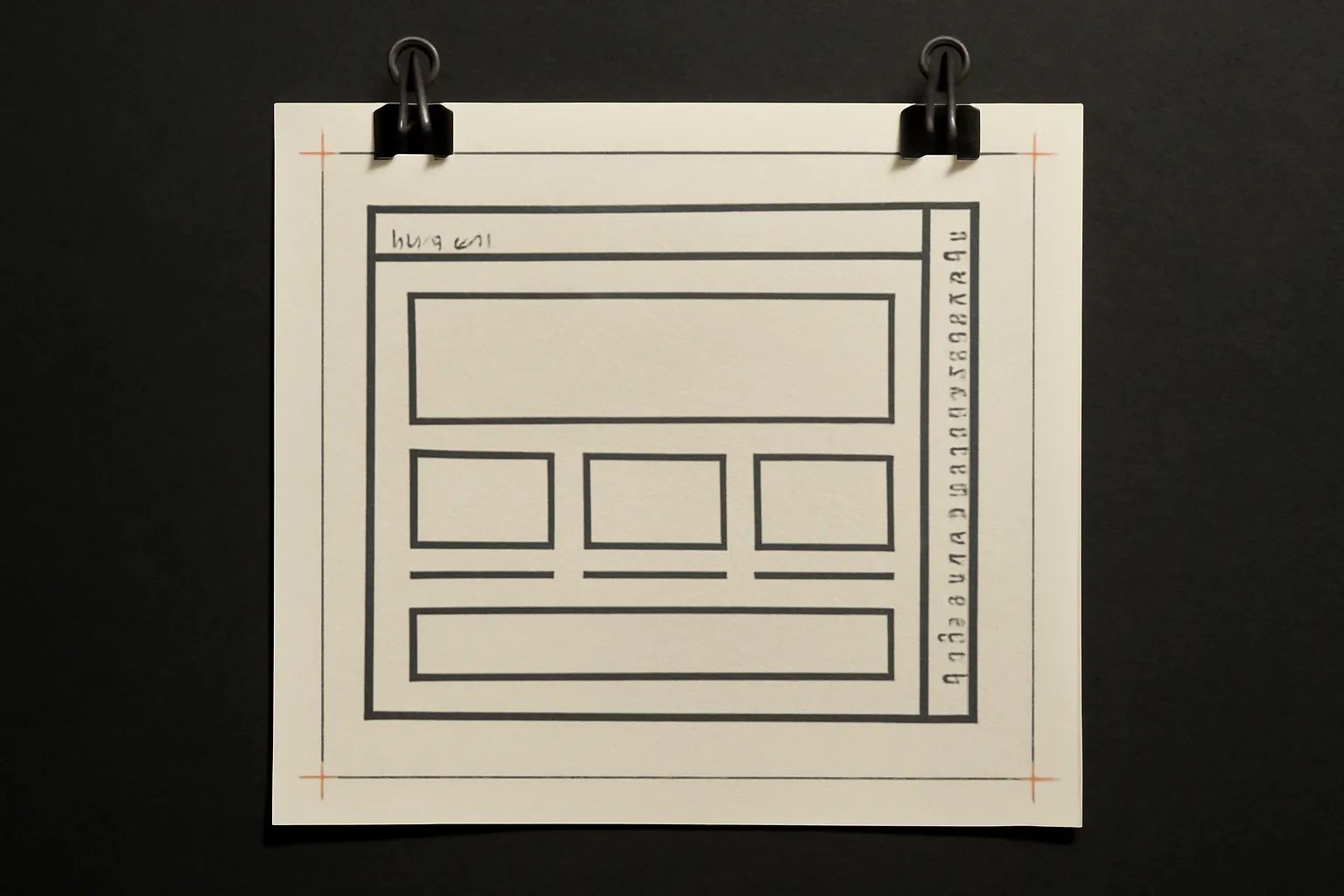 Printed website wireframe proof with ruler ticks, clipped flat on a dark worktable — a studio exploration in web design and UI/UX.