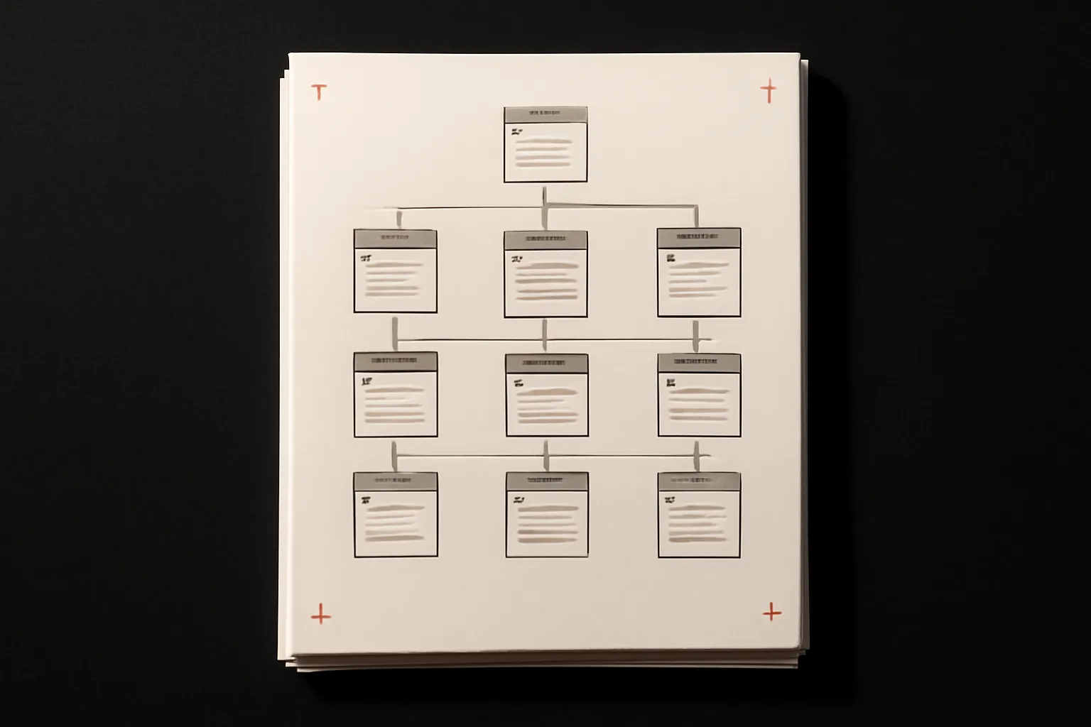 Stapled stack of printed page-flow proofs showing a multi-page site structure — a studio exploration in web design.