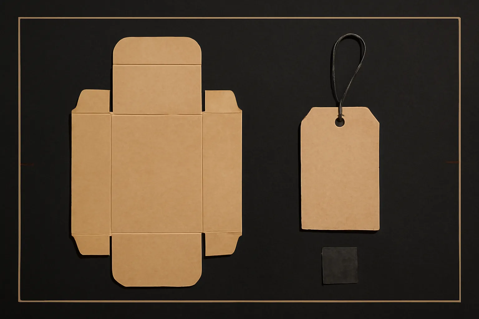 Kraft packaging dieline proof and a hand-inked blank hang-tag — a studio exploration in direct-to-consumer store design.