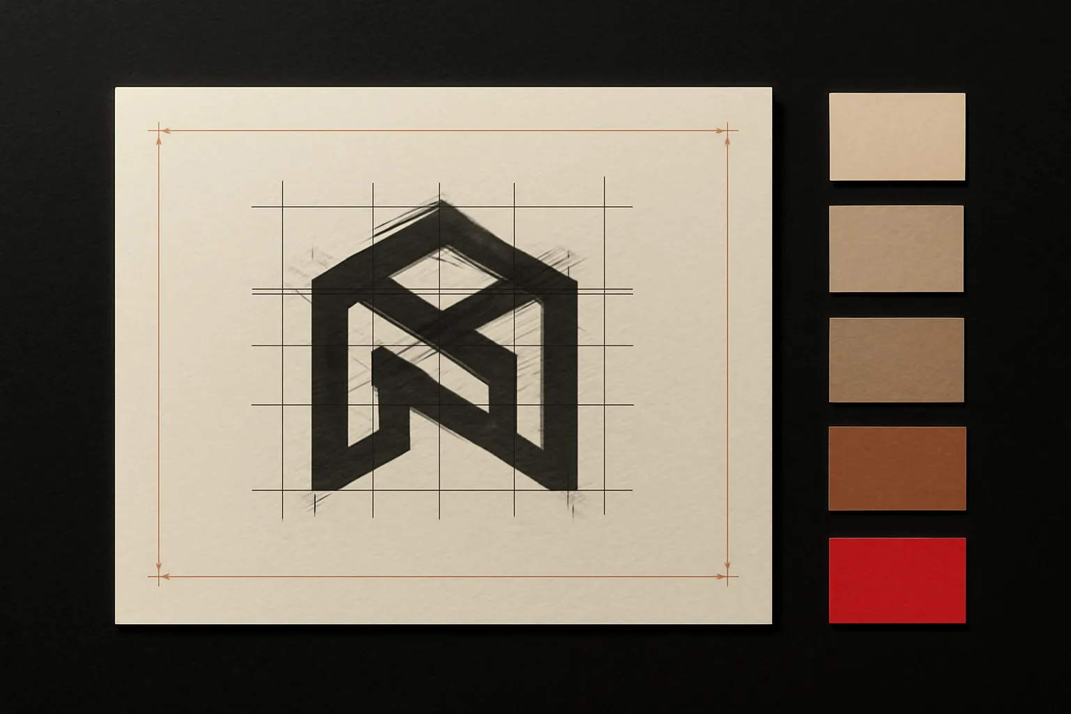 Geometric monogram construction proof with paper colour-swatch chips — a studio exploration in brand identity design.