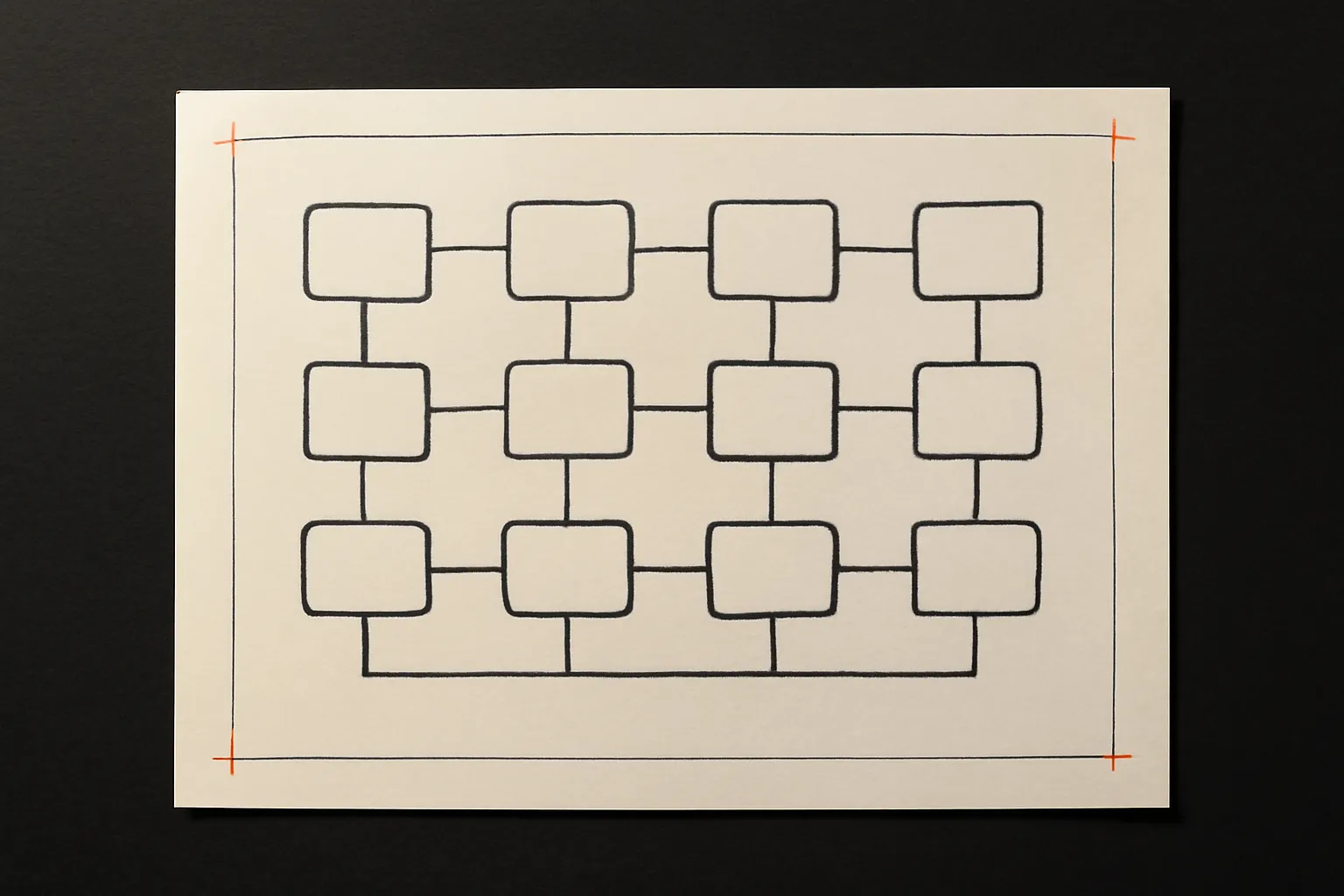 Printed component-lattice diagram with mono measurement notes — a studio exploration in product UI/UX design.